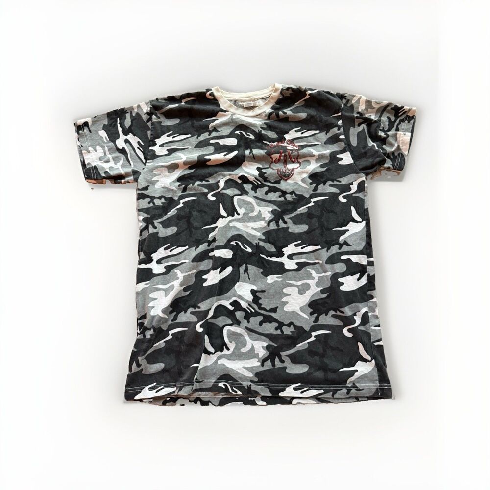 Y2K Dyenomite Gray Black White Camo Skull Logo Graphic Crewneck Tee Men’s XL